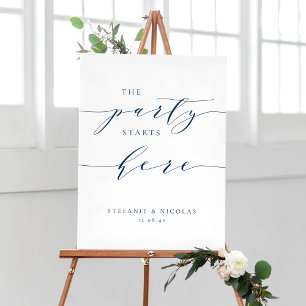 Affiche Blue Dainty Script La fête commence ici Mariage