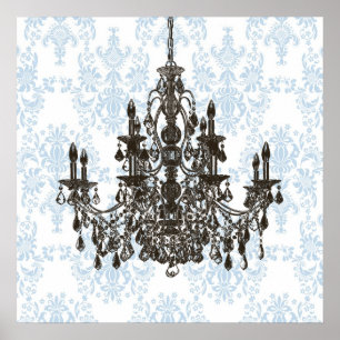 Affiche Blue Damask Chandelier Wall Art Print