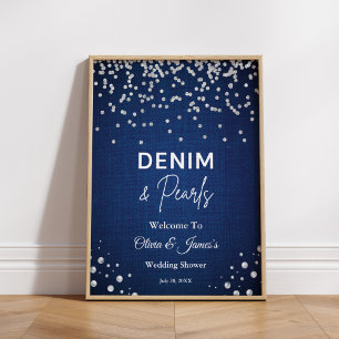 Affiche Blue Denim Diamonds Pearls Couple's Shower Bienven