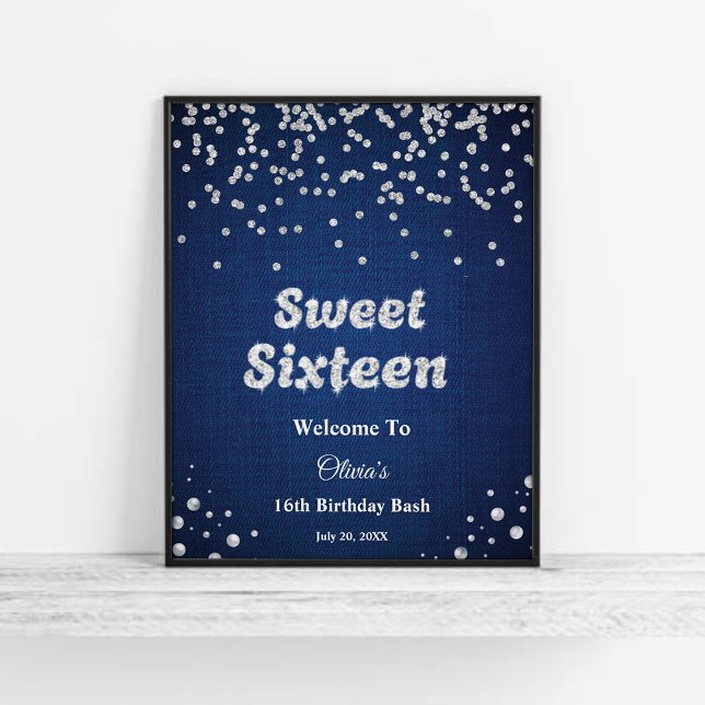 Affiche Blue Denim Sweet sixteen 16e anniversaire Bienvenu (Blue Denim Sweet Sixteen 16th Birthday Welcome Sign )