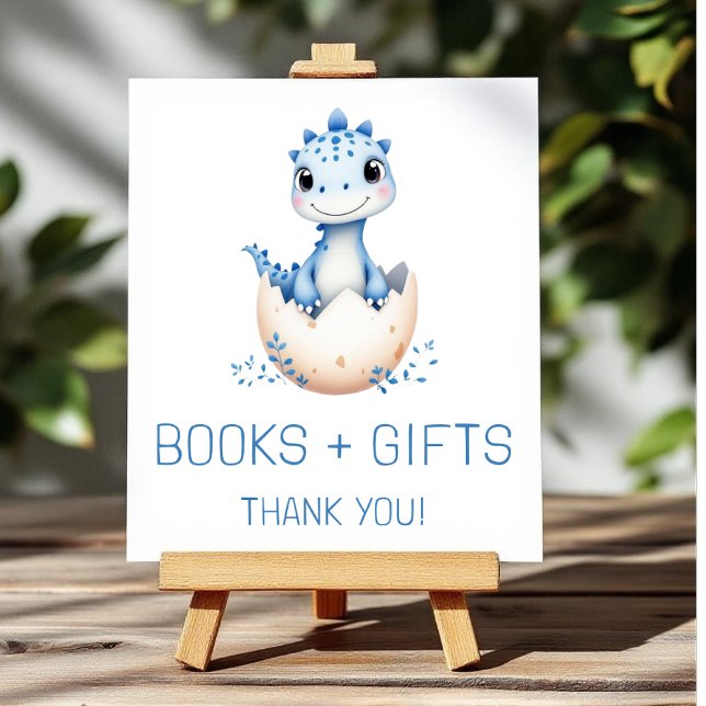 Affiche Blue Dinosaur Books and Gifts Baby Shower Sign (Créateur téléchargé)