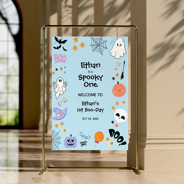 Affiche Blue Éffrayant Un Halloween 1er anniversaire Bienv (Blue Spooky One Cute Ghost Halloween 1st Birthday Welcome Sign )