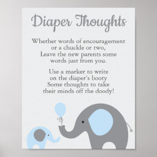 Affiche Blue Elephant Baby Shower Diaper Thoughts Sign