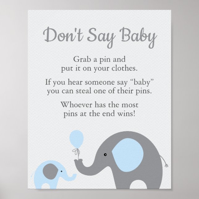 Affiche Blue Elephant Baby shower Ne pas dire Baby Game Si (Devant)