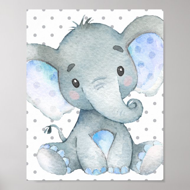Affiche Blue Elephant mignon bébé garçon Nursery cadeau (Devant)