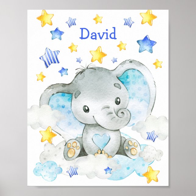 Affiche Blue Elephant Personnalisé Nursery Boy Personnalis (Devant)