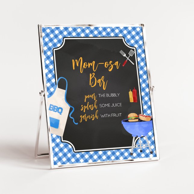 Affiche Blue En vichy BBQ Baby shower Maman Osa Bar (Boy Baby-Q Baby Shower Mom Osa Bar Sign)