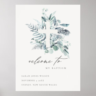 Affiche Blue Eucalyptus Fern Fauna Croix Baptême Bienvenue