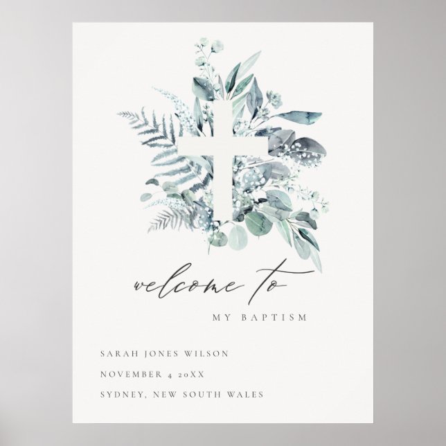 Affiche Blue Eucalyptus Fern Fauna Croix Baptême Bienvenue (Devant)