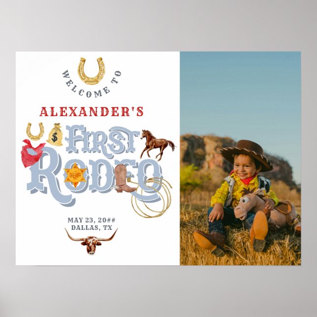 Affiche Blue First Rodeo Baby Boy 1er anniversaire Bienven (Devant)