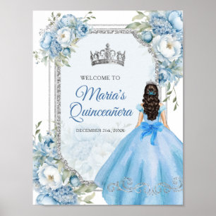 Affiche Blue Floral Argent Couronne Quinceañera Bienvenue