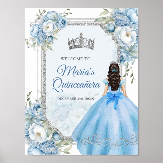Affiche Blue Floral Argent Couronne Quinceañera Bienvenue (Devant)