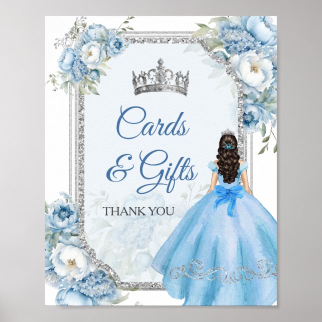 Affiche Blue Floral Argent Couronne Quinceañera Cartes et  (Devant)