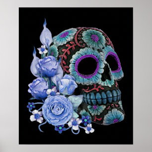 Affiche Blue Floral Black Sugar Skull Jour des morts