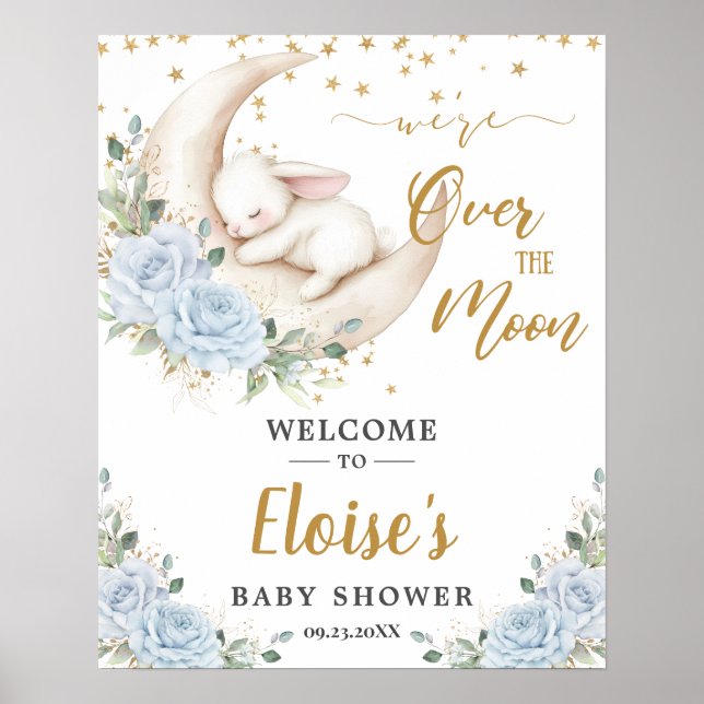 Affiche Blue Floral Bunny Rabbit Moon Baby Shower Welcome (Devant)