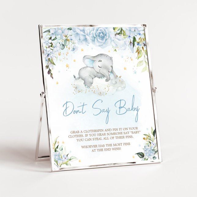 Affiche Blue Floral Elephant Baby shower Ne pas dire bébé (Blue Floral Sleeping Elephant Baby Shower Don't Say Baby Sign)