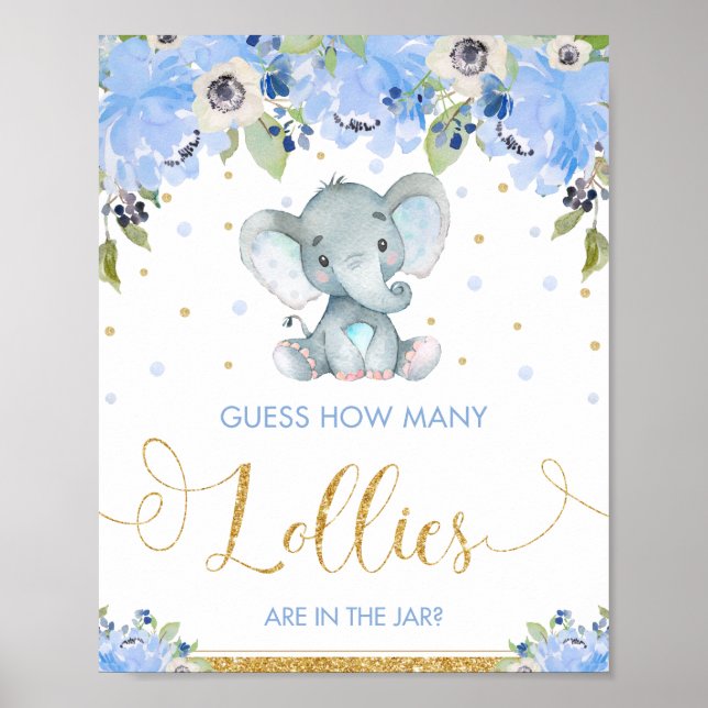 Affiche Blue Floral Elephant Devine Combien De Lollies Jeu (Devant)