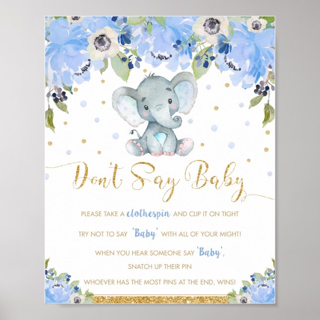 Affiche Blue Floral Elephant Ne pas dire Baby shower jeu (Devant)