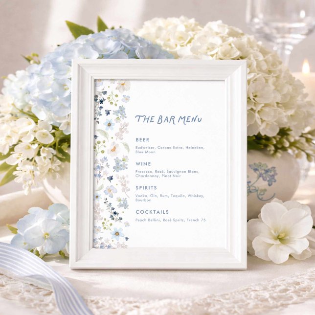 Affiche Blue Floral Garden Bridal Shower Bar Menu (The Bar menu blue floral sign)