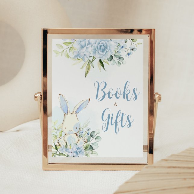 Affiche Blue Floral Lapin Lapin Baby Livres et Cadeaux (A Little Bunny Boy Baby Shower Books and Gifts Sign)