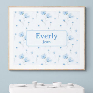 Affiche Blue Floral Nom personnalisé Décor Baby Nursery