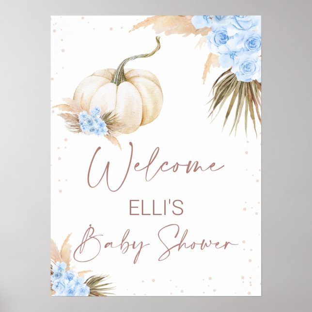 Affiche Blue Floral Petit Baby shower Citrouille Bienvenue (Devant)