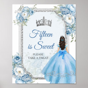 Affiche Blue Floral Silver Quinceañera Quinze est doux