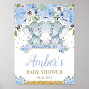 Affiche Blue Floral Twin Boys Elephant Baby shower Bienven