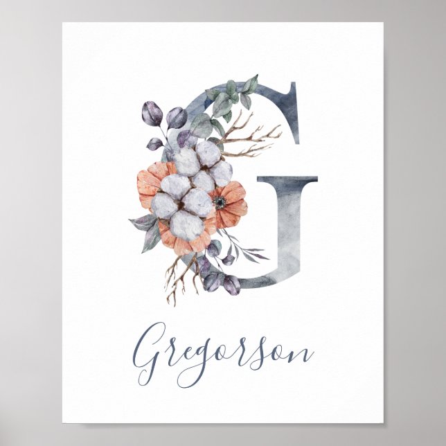 Affiche Blue Floral Watercolor Monogram G Last Name  (Devant)