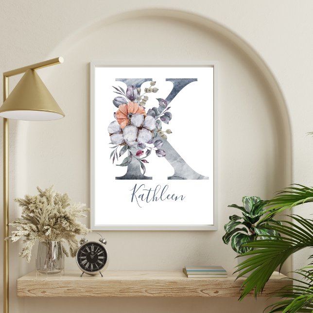 Affiche Blue Floral Watercolor Monogram K Name  (Monogram K Blue Floral Watercolor Wall Art. Printed or Digital.)