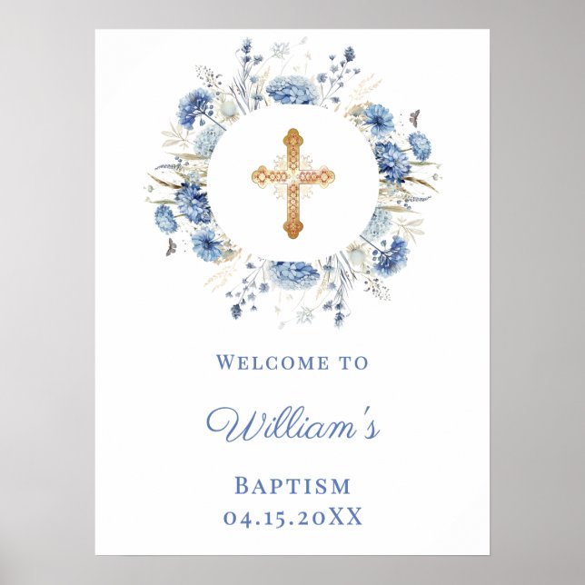 Affiche Blue florals wreath boy Baptism welcome (Devant)