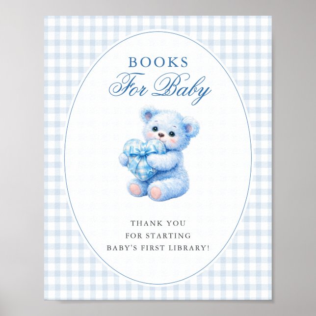 Affiche Blue Gingham Bow Heart Teddy Bear Baby Shower (Devant)