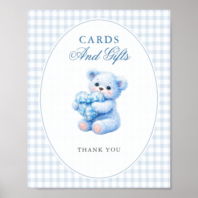 Affiche Blue Gingham Bow Heart Teddy Bear Baby Shower (Devant)