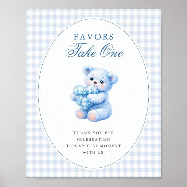 Affiche Blue Gingham Bow Heart Teddy Bear Baby Shower (Devant)