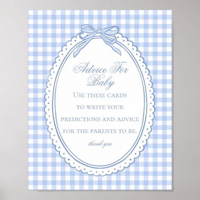 Affiche Blue Gingham Coquette Bow Advice for Baby Shower (Devant)