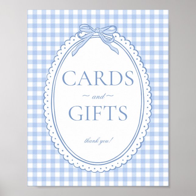 Affiche Blue Gingham Coquette Bow Card & Gifts Sign (Devant)