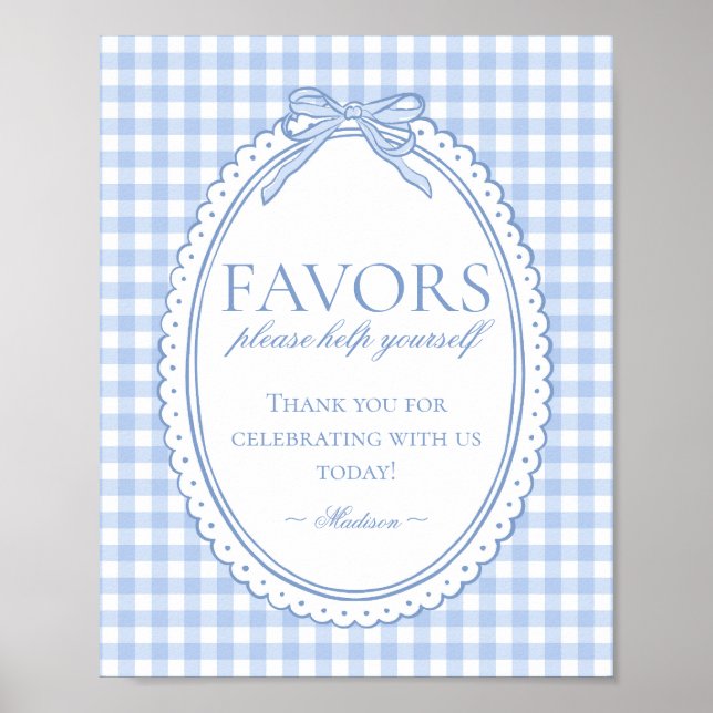 Affiche Blue Gingham Coquette Bow Favors Sign (Devant)