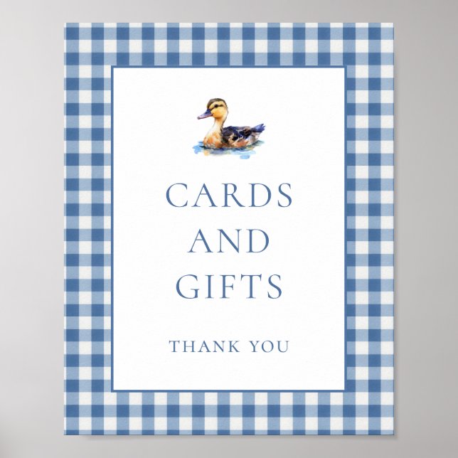 Affiche Blue Gingham Duck Cards Gifts Baby Shower Sign (Devant)