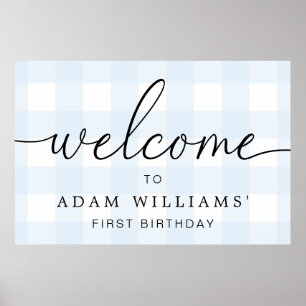Affiche Blue Gingham First Birthday Welcome Sign