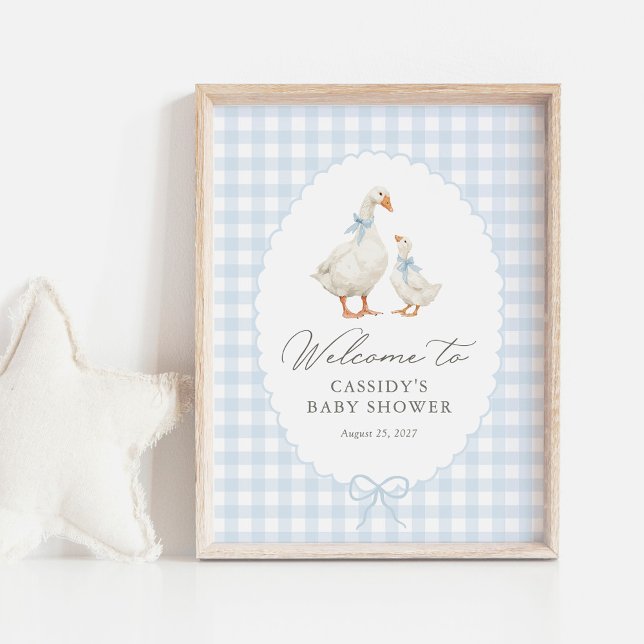 Affiche Blue Gingham Silly Goose Baby Shower Welcome Sign (Créateur téléchargé)