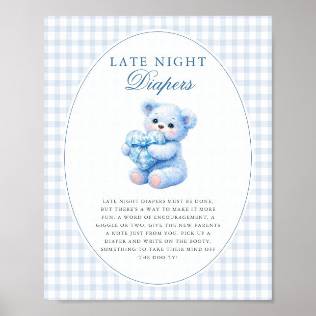 Affiche Blue Gingham Teddy Bear Neutral Baby Shower (Devant)