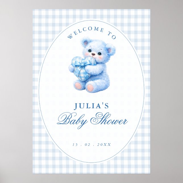 Affiche Blue Gingham Teddy Bear Neutral Baby Shower (Devant)