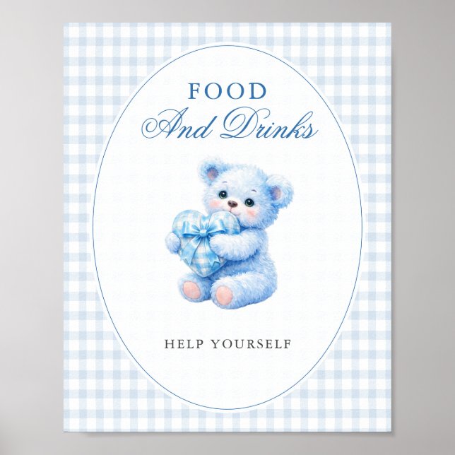 AFFICHE BLUE GINGHAM TEDDY BEAR NEUTRAL BABY SHOWER (Devant)