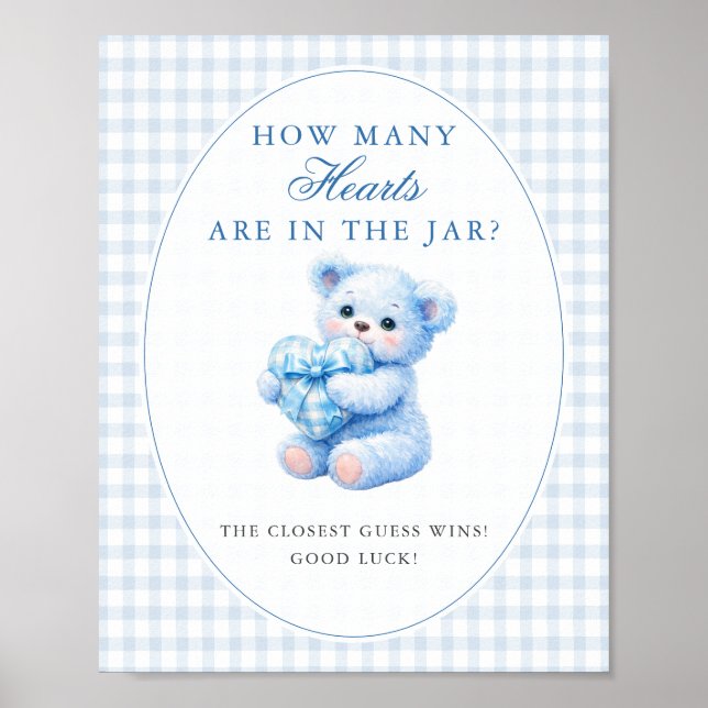 AFFICHE BLUE GINGHAM TEDDY BEAR NEUTRAL BABY SHOWER (Devant)