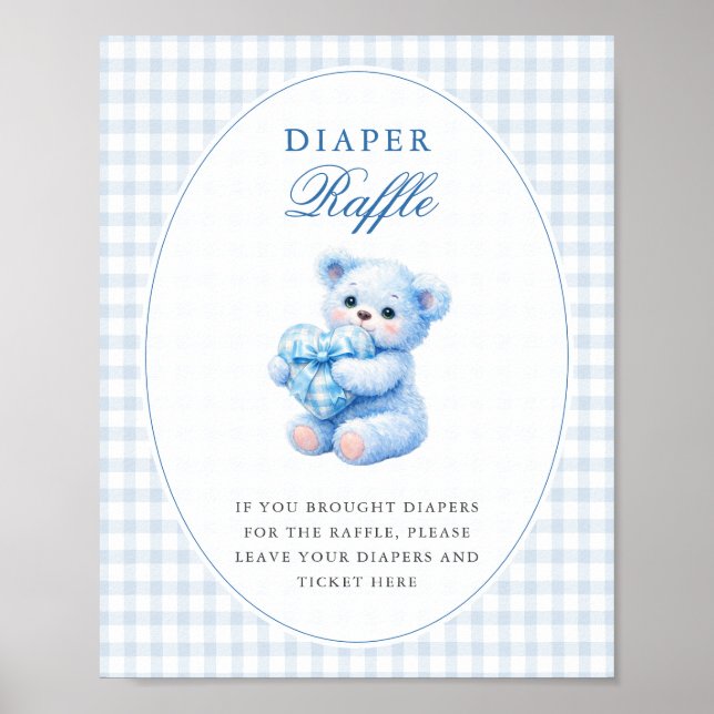 AFFICHE BLUE GINGHAM TEDDY BEAR NEUTRAL BABY SHOWER (Devant)