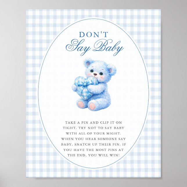 Affiche Blue Gingham Teddy Bear Neutral Baby Shower (Devant)