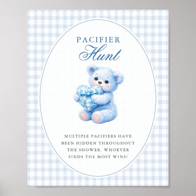 Affiche Blue Gingham Teddy Bear Neutral Baby Shower (Devant)