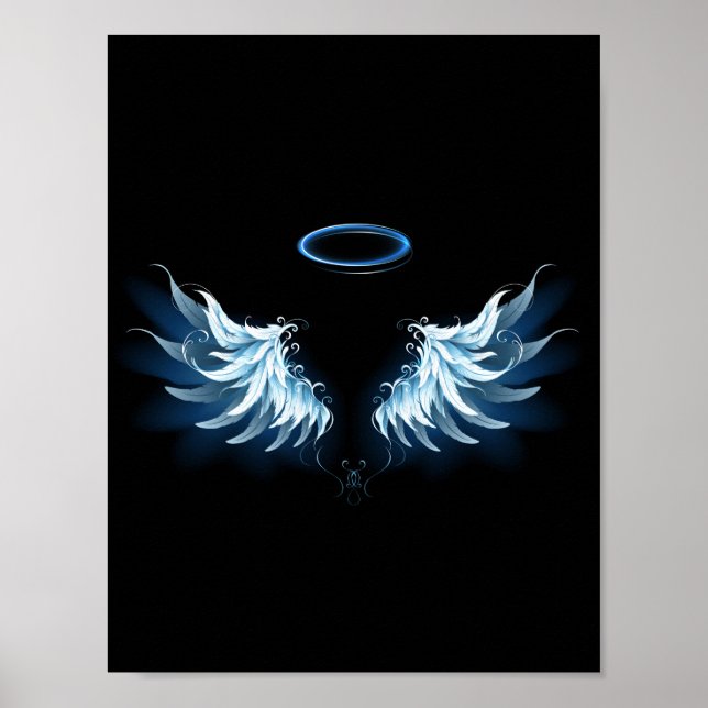 Affiche Blue Glowing Angel Wings on black background (Devant)
