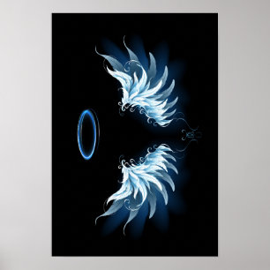 Affiche Blue Glowing Angel Wings on black background