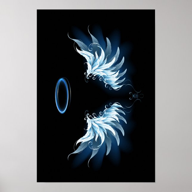 Affiche Blue Glowing Angel Wings on black background (Devant)